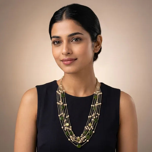 Gold And Green Beaded Multi Layered Long Necklace For Women