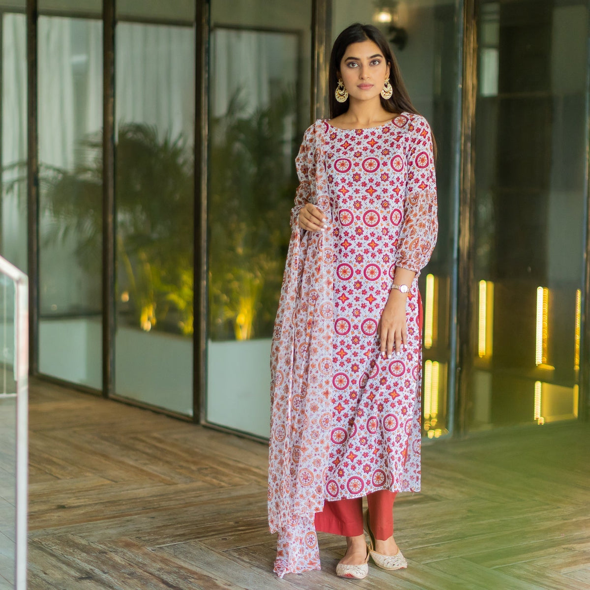 Red Chiffon Sleeve Suit Set