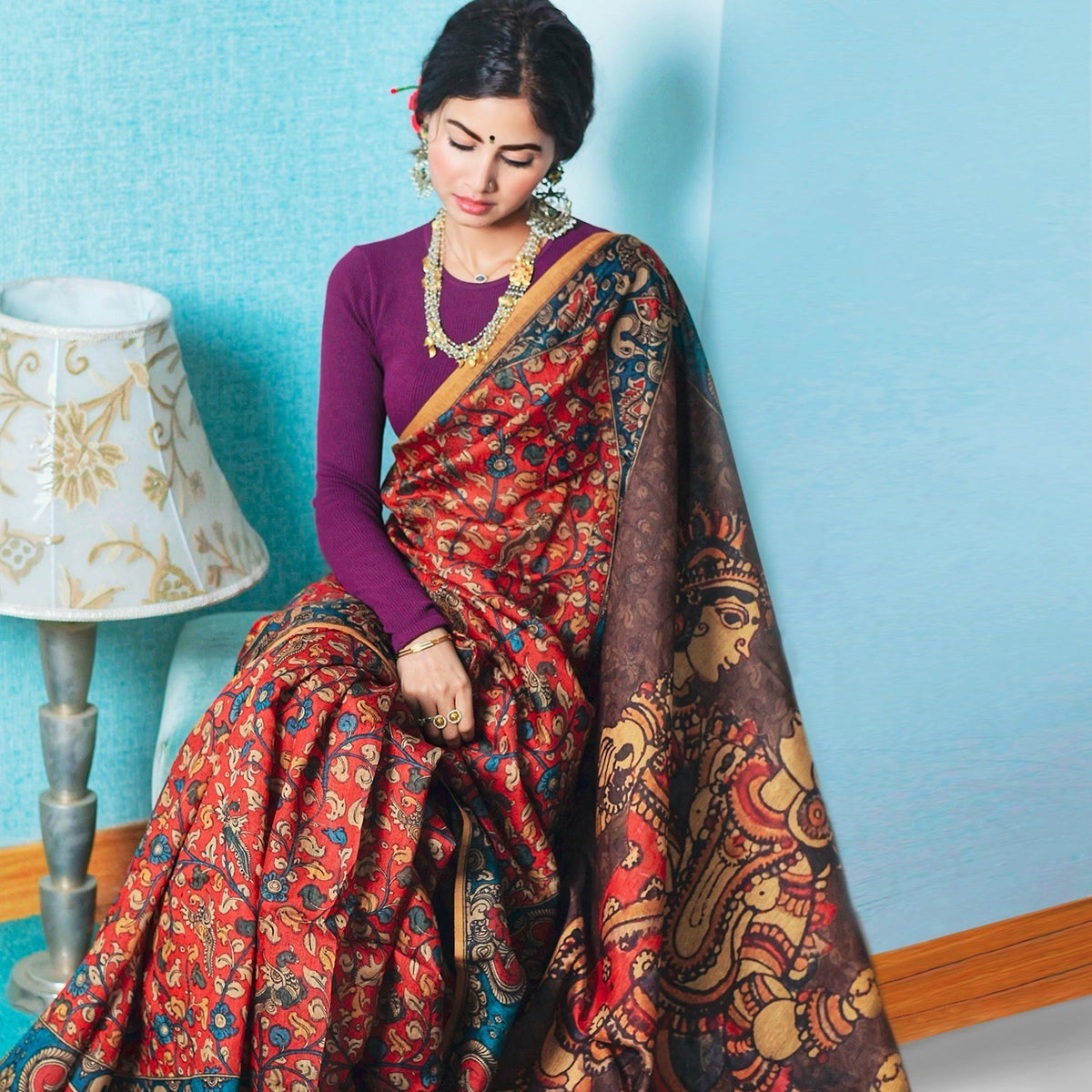 Latest Design Ethnic Wear Red Peacock Kalamkari Saree For Modern Women & Girls - Ambraee