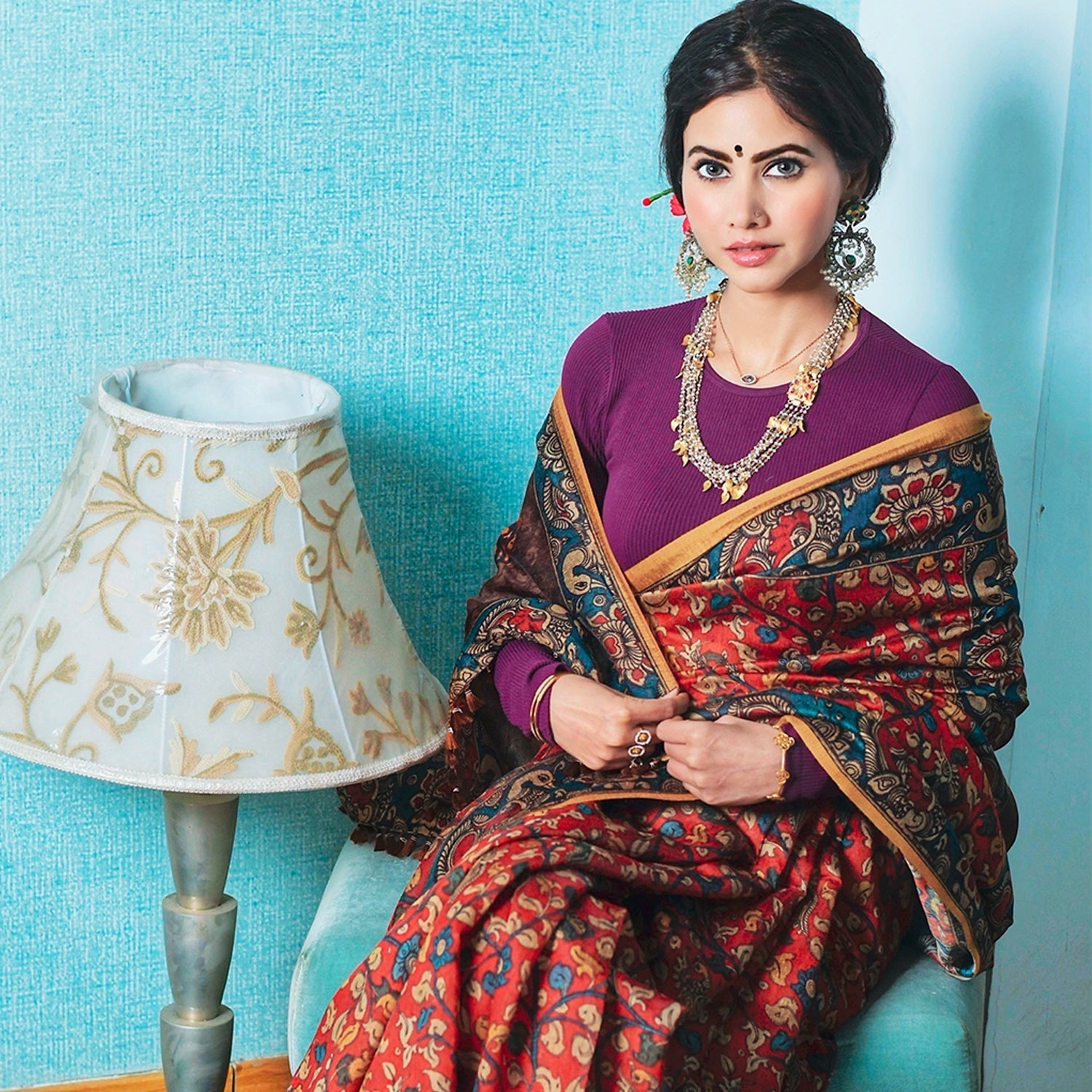 Must Buy Red Peacock Print Kalamkari Silk Saree - Ambraee