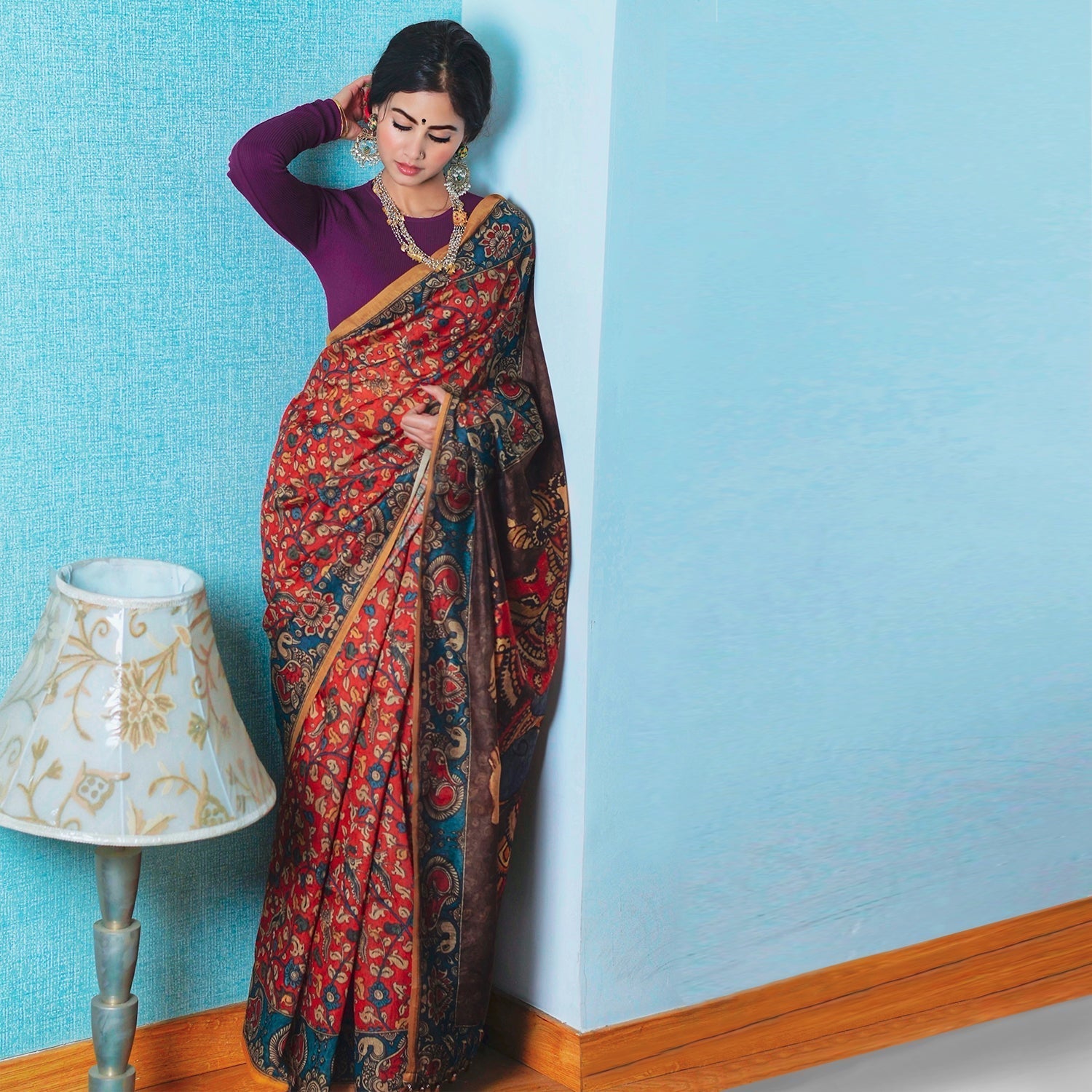 Latest Design Red Peacock Kalamkari Print Saree - Ambraee