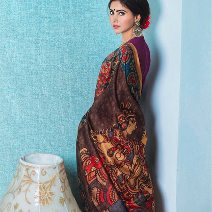 Red Peacock Print Kalamkari Print Silk Saree Online - Ambraee