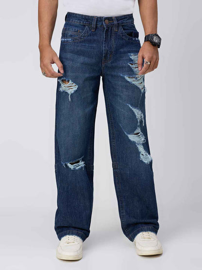 Men's Deep Blue Distressed Straight Fit Jeans B5IVE