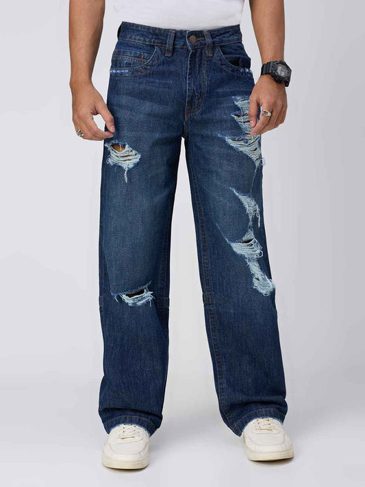 Men's Deep Blue Distressed Straight Fit Jeans B5IVE