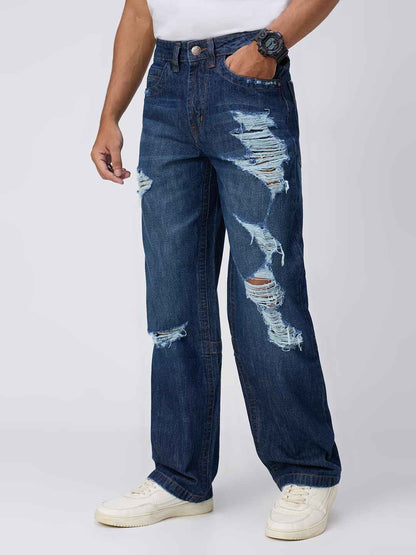 Men's Deep Blue Distressed Straight Fit Jeans B5IVE