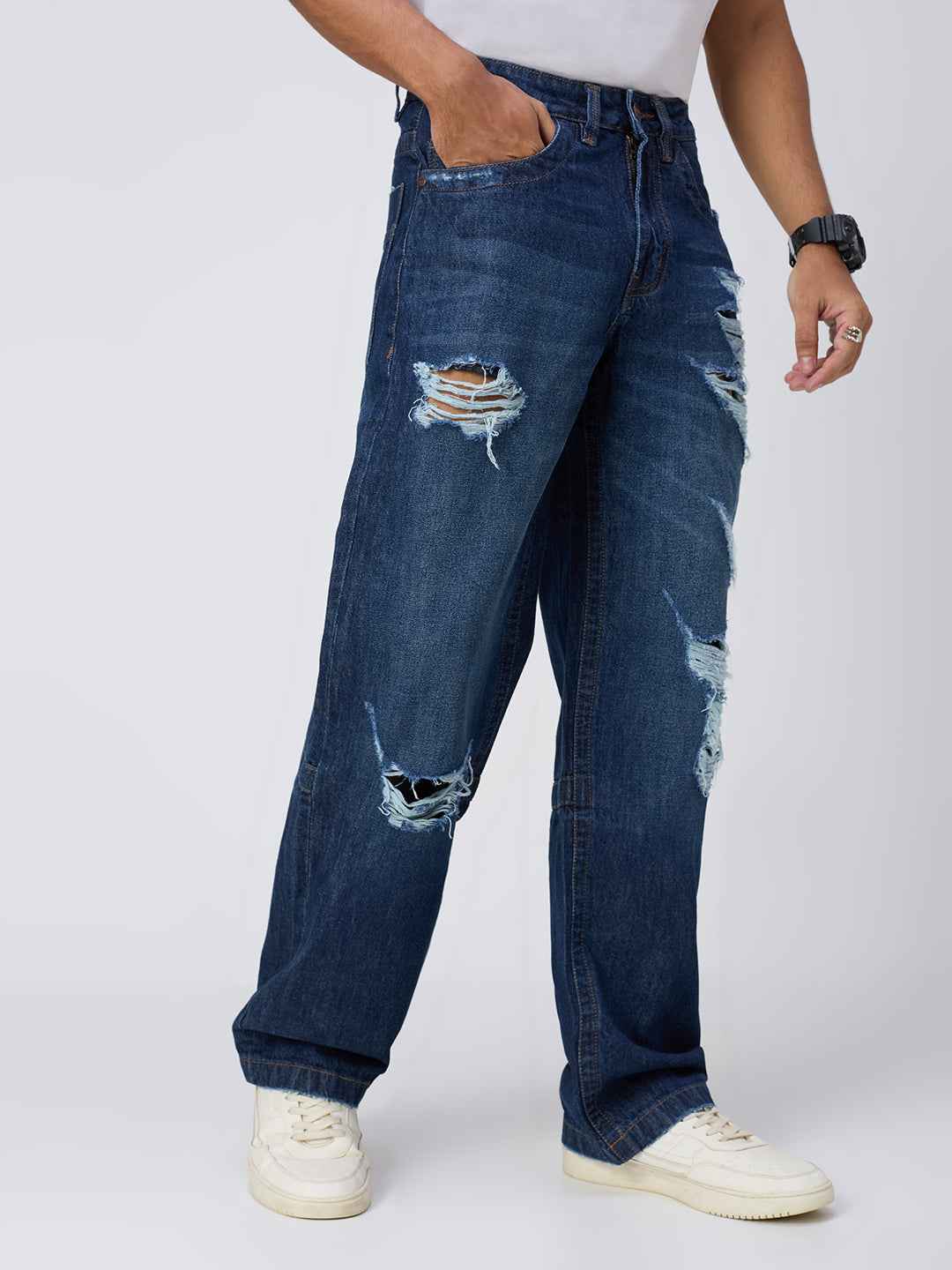 Men's Deep Blue Distressed Straight Fit Jeans B5IVE