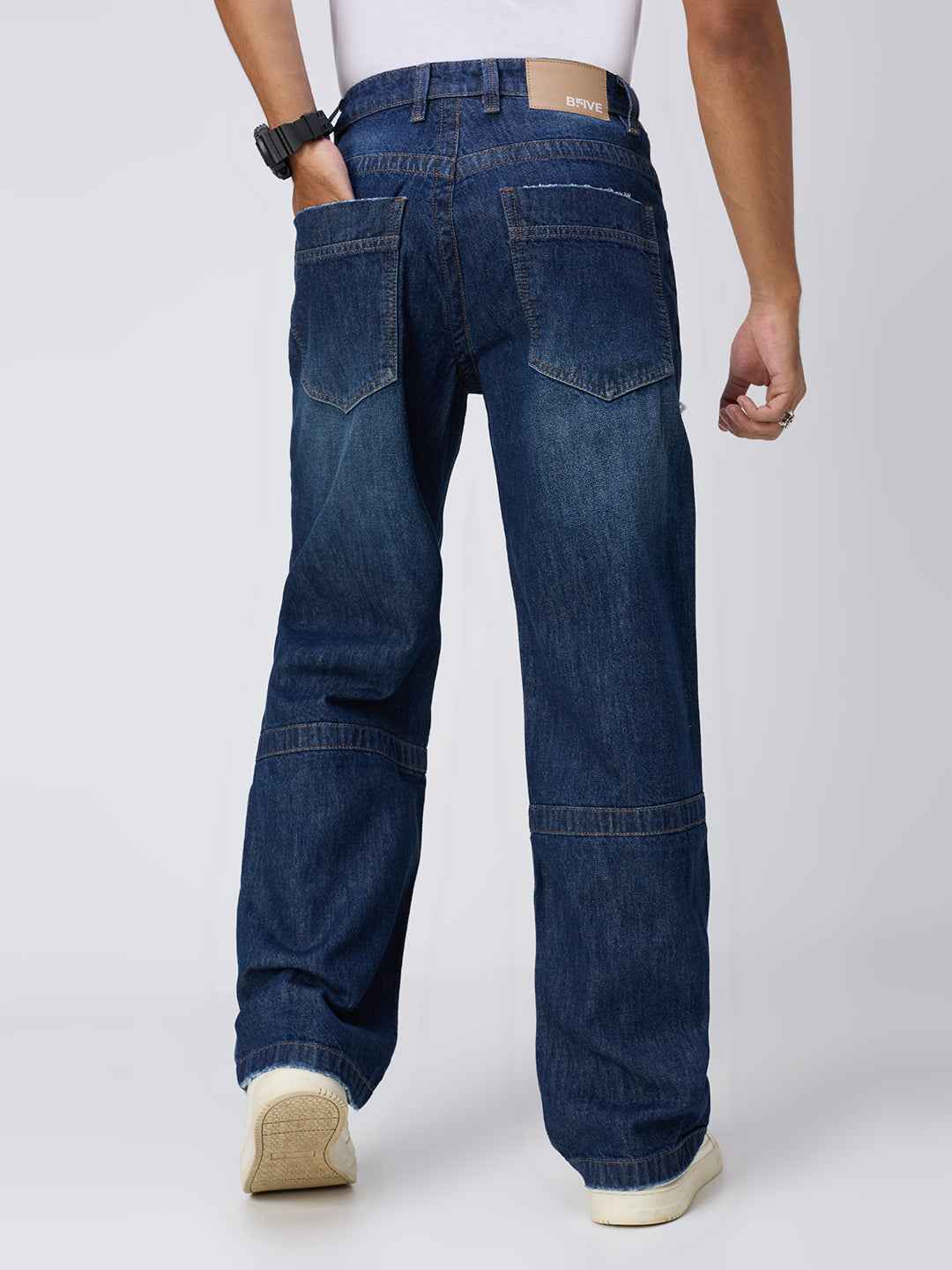 Men's Deep Blue Distressed Straight Fit Jeans B5IVE