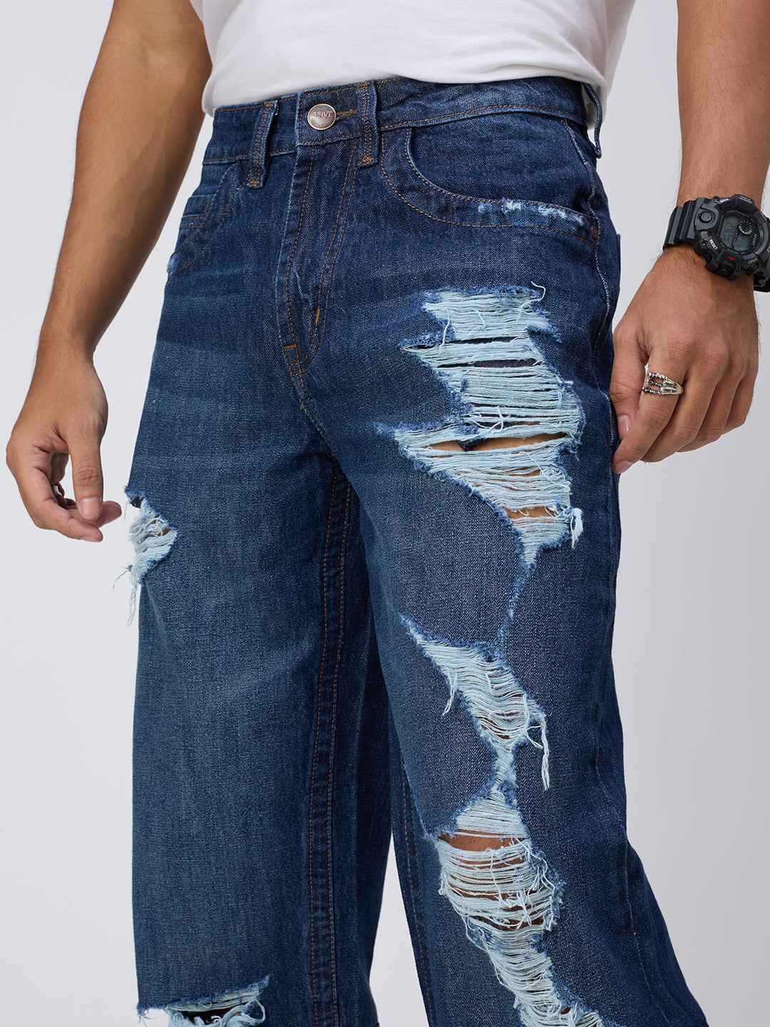 Men's Deep Blue Distressed Straight Fit Jeans B5IVE
