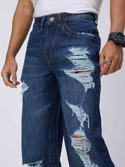Men's Deep Blue Distressed Straight Fit Jeans B5IVE