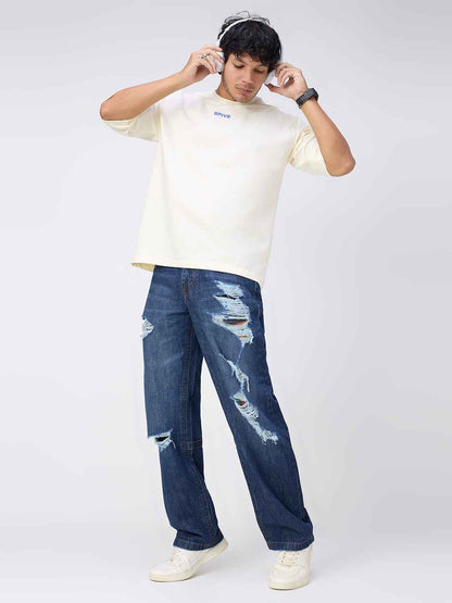 Men's Deep Blue Distressed Straight Fit Jeans B5IVE