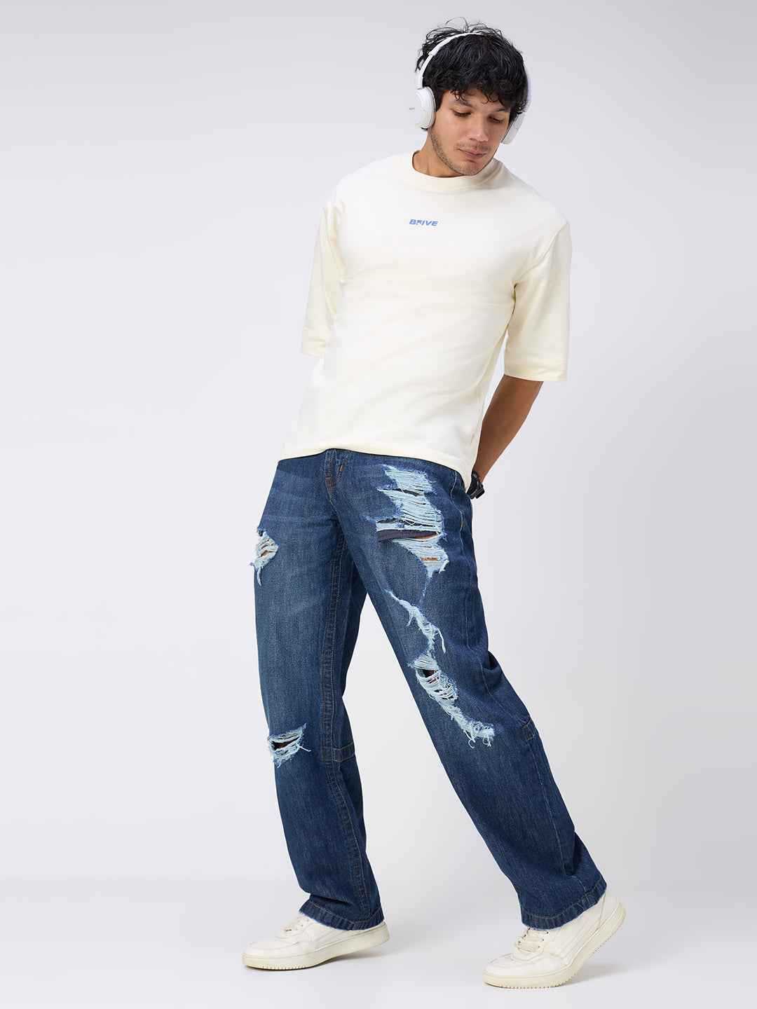 Men's Deep Blue Distressed Straight Fit Jeans B5IVE
