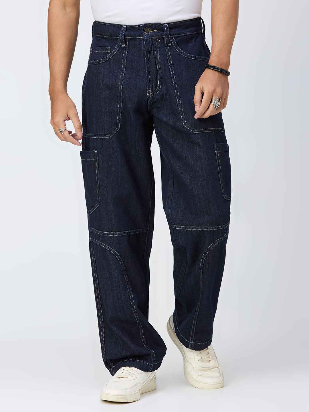 Men's Raw Contrast Stitch Straight Fit Jeans B5IVE