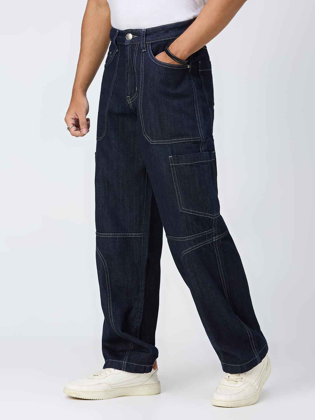 Men's Raw Contrast Stitch Straight Fit Jeans B5IVE
