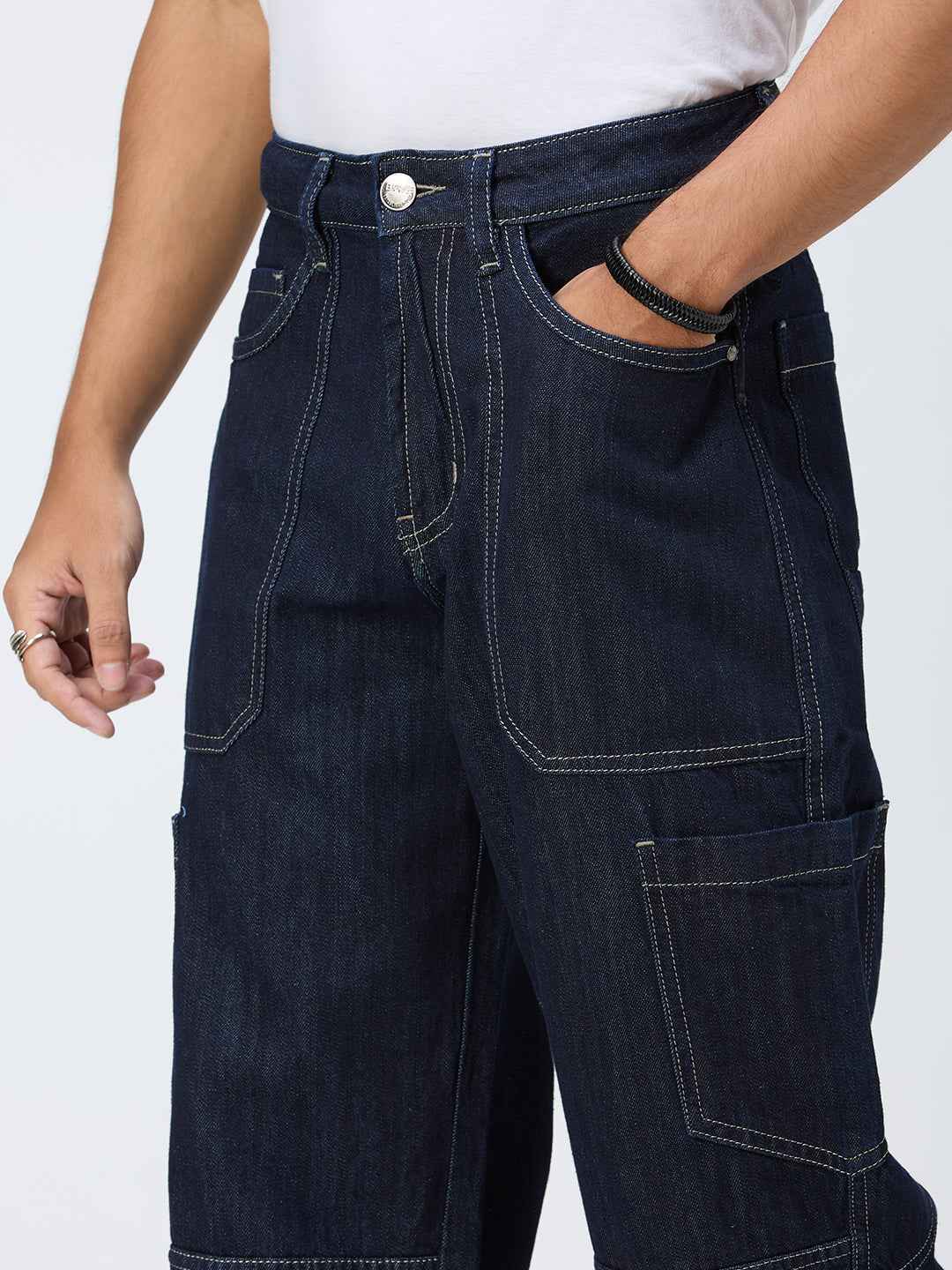 Men's Raw Contrast Stitch Straight Fit Jeans B5IVE