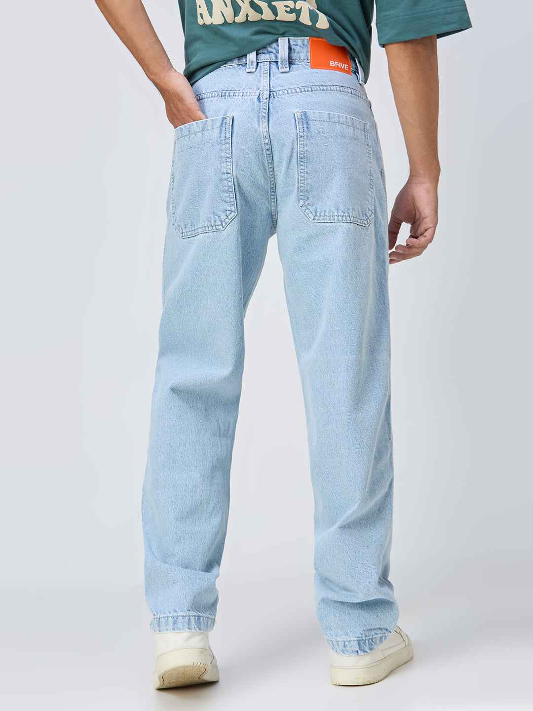 Men's Ice Blue Contrast Stitch Baggy Fit Jeans B5IVE