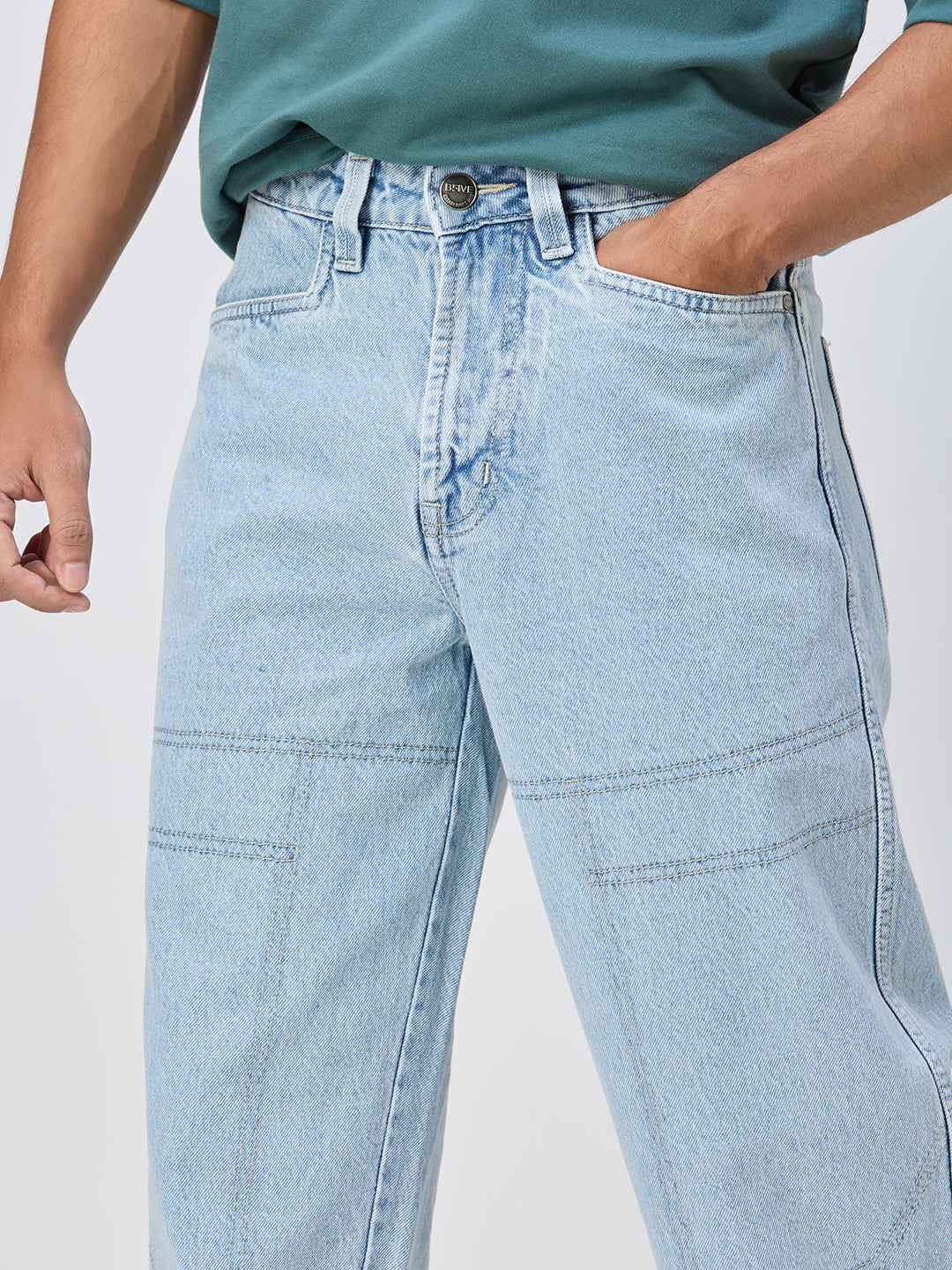 Men's Ice Blue Contrast Stitch Baggy Fit Jeans B5IVE