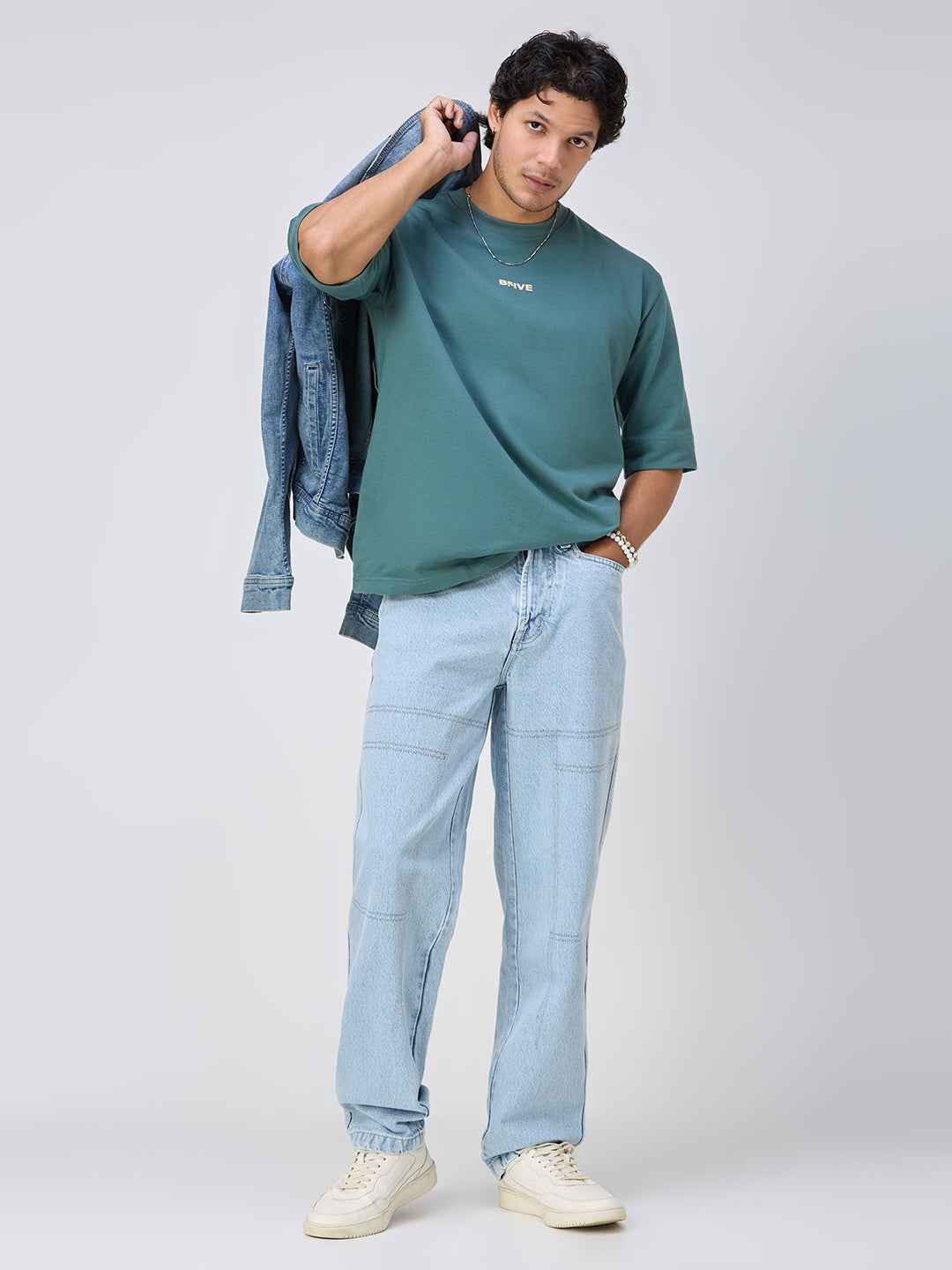 Men's Ice Blue Contrast Stitch Baggy Fit Jeans B5IVE