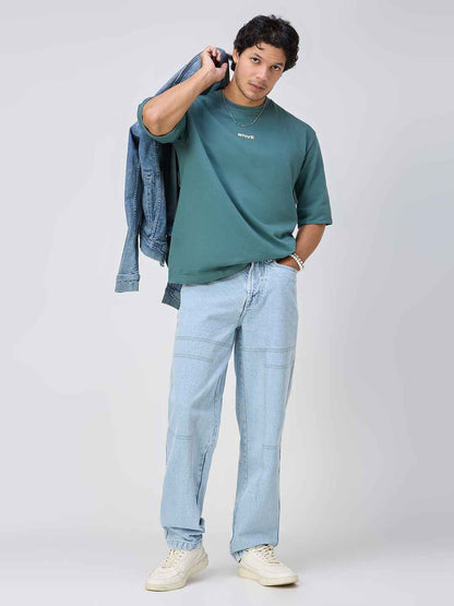 Men's Ice Blue Contrast Stitch Baggy Fit Jeans B5IVE