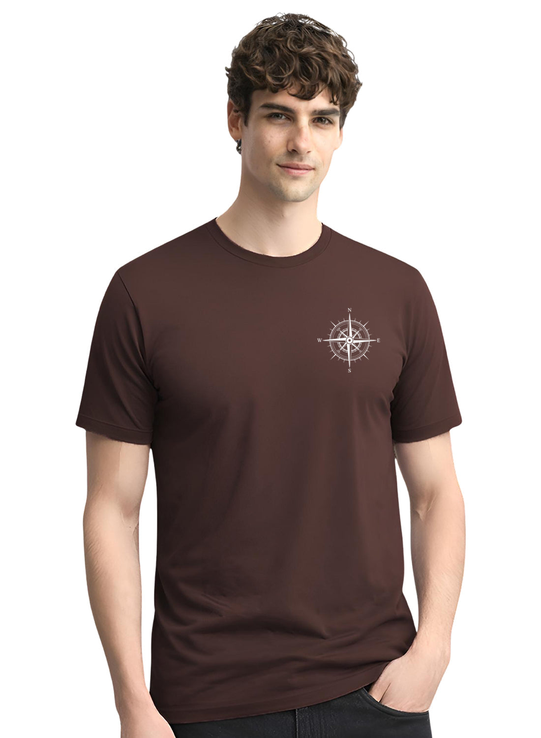 Adro Mens Chest Printed Tshirt | Minimal Graphic 100% Cotton Casual Travel T-shirt | Stylish Explorer Look Summer T shirt for Men Brown