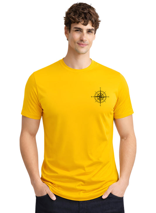 Adro Mens Chest Printed Tshirt | Minimal Graphic 100% Cotton Casual Travel T-shirt | Stylish Explorer Look Summer T shirt for Men Mustard