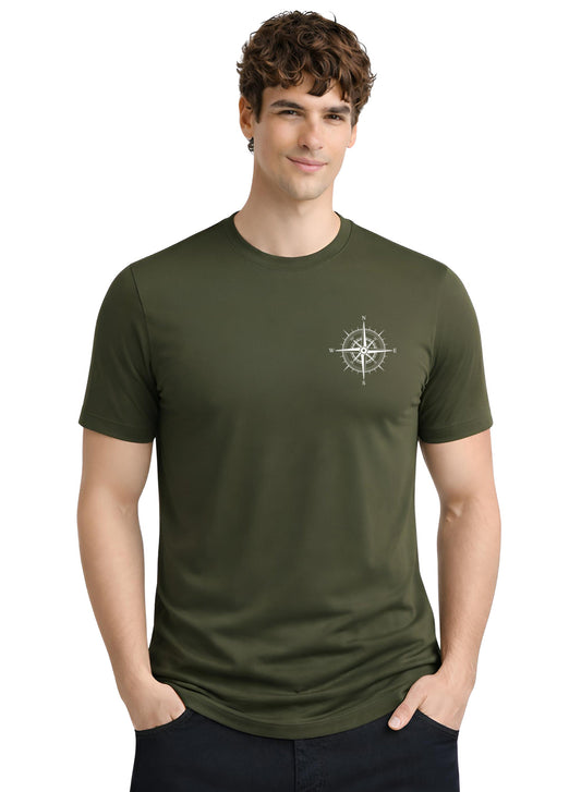 Adro Mens Chest Printed Tshirt | Minimal Graphic 100% Cotton Casual Travel T-shirt | Stylish Explorer Look Summer T shirt for Men Olive