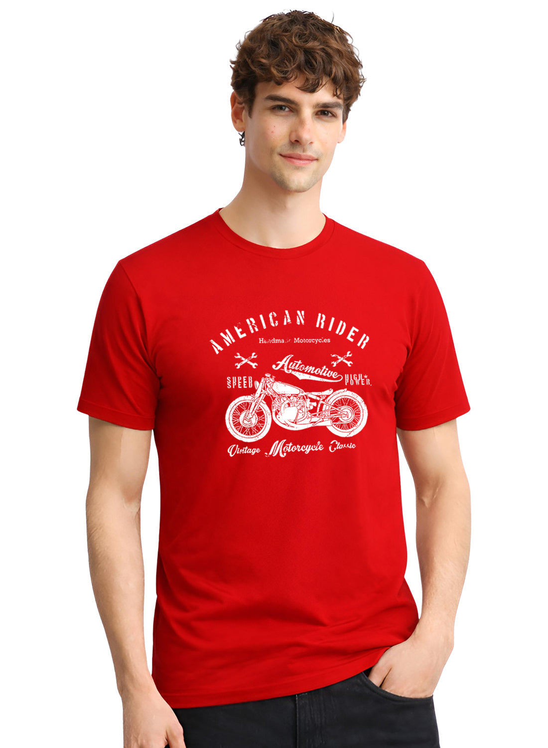 Adro Mens American Rider Printed T-Shirt | 100% Cotton T shirt for Bikers | Stylish Casual Tee Summer Regular Fit Biker Tshirt Red