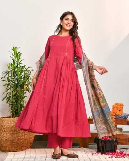 Red cotton A-line Suit Set