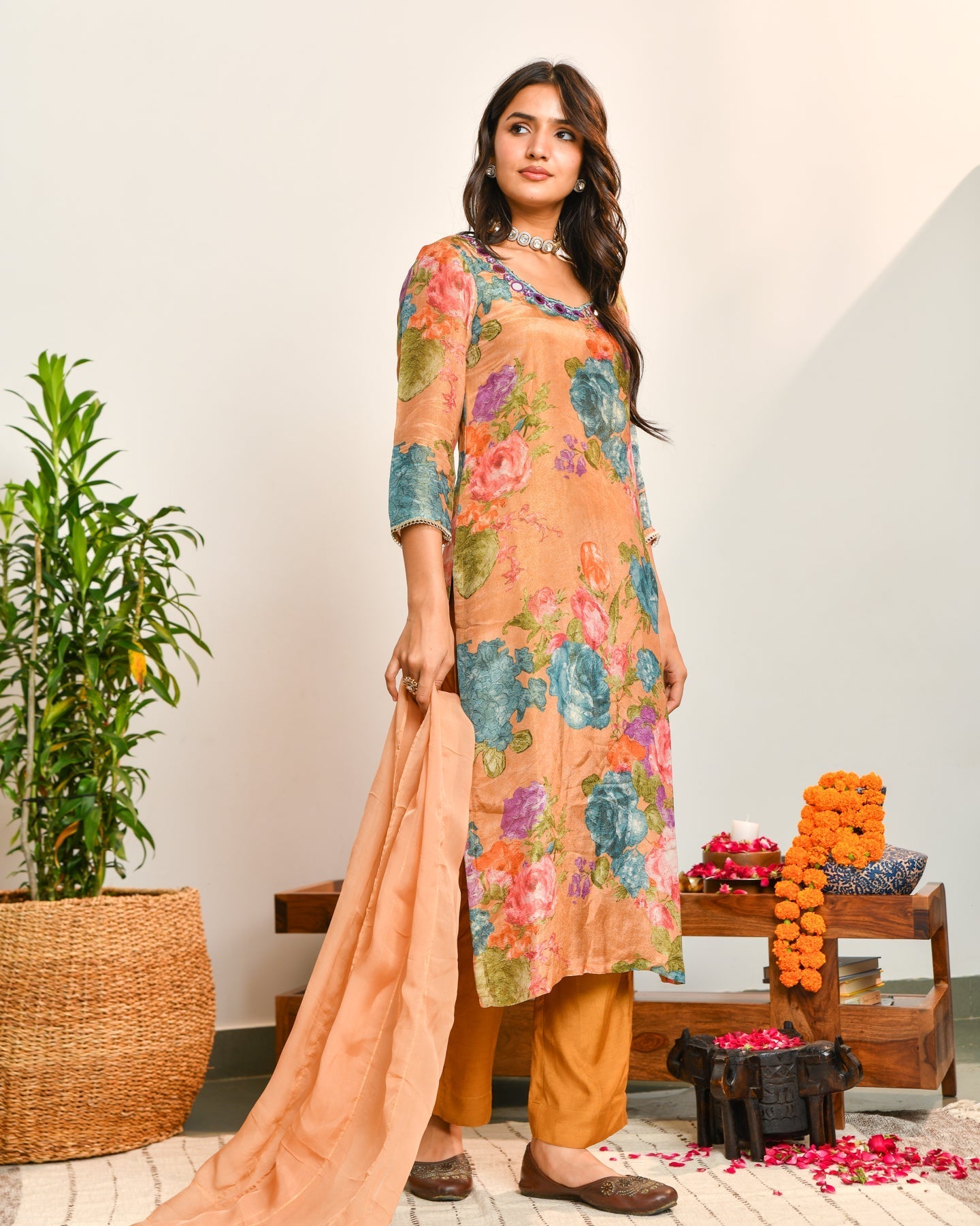 Beige Floral Print Mirror Work Suit