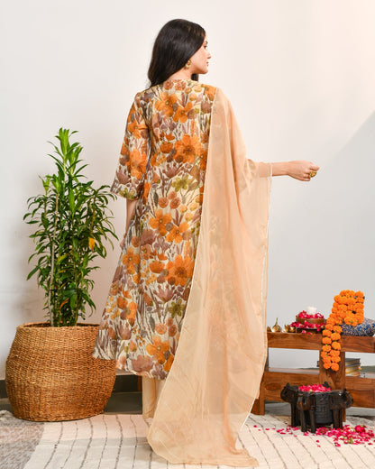 Beige Floral Tissue Suit Set