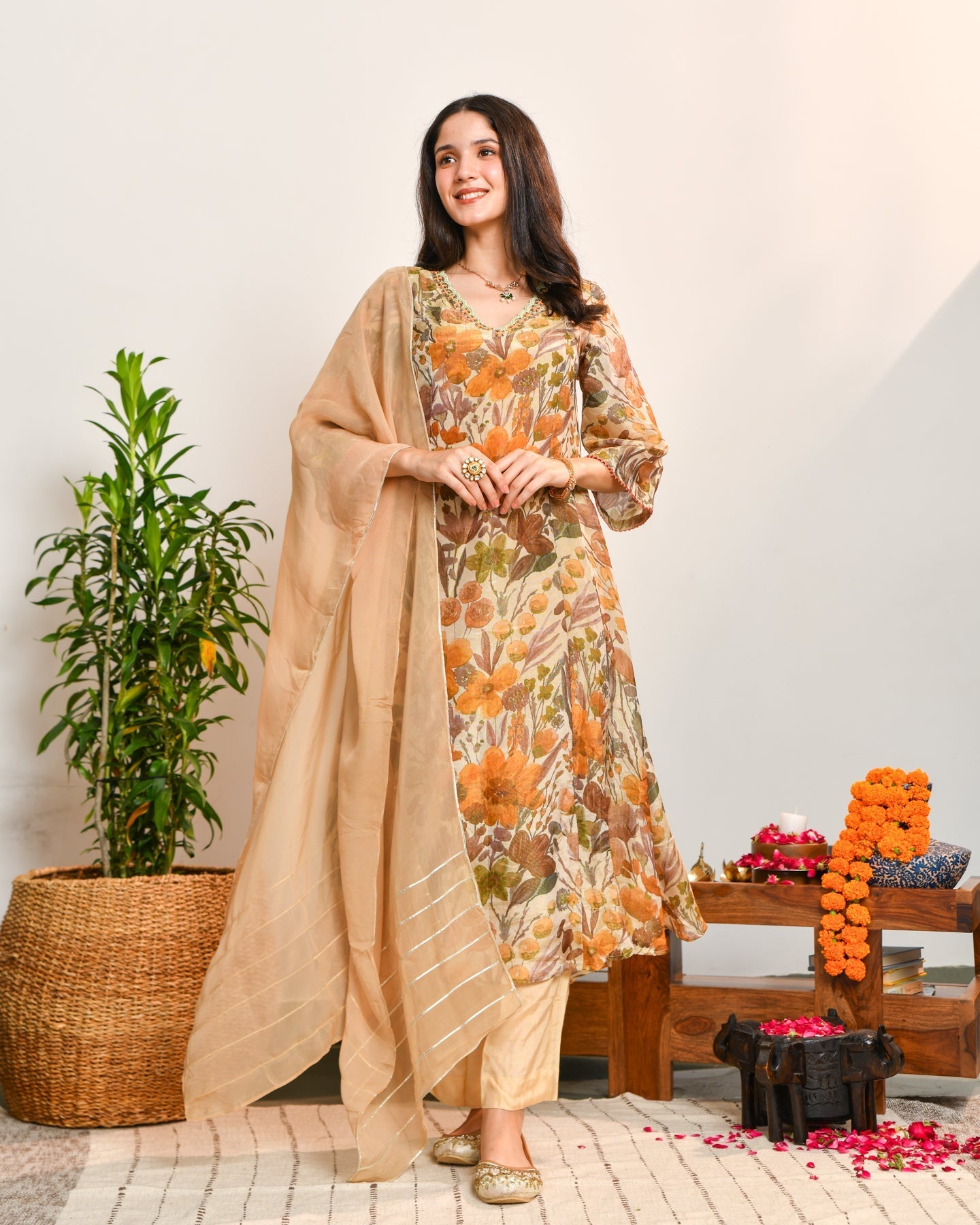 Beige Floral Tissue Suit Set