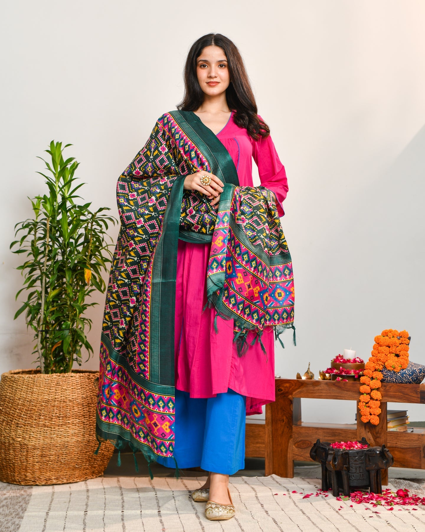 Pink Blue Color Block Suit Set