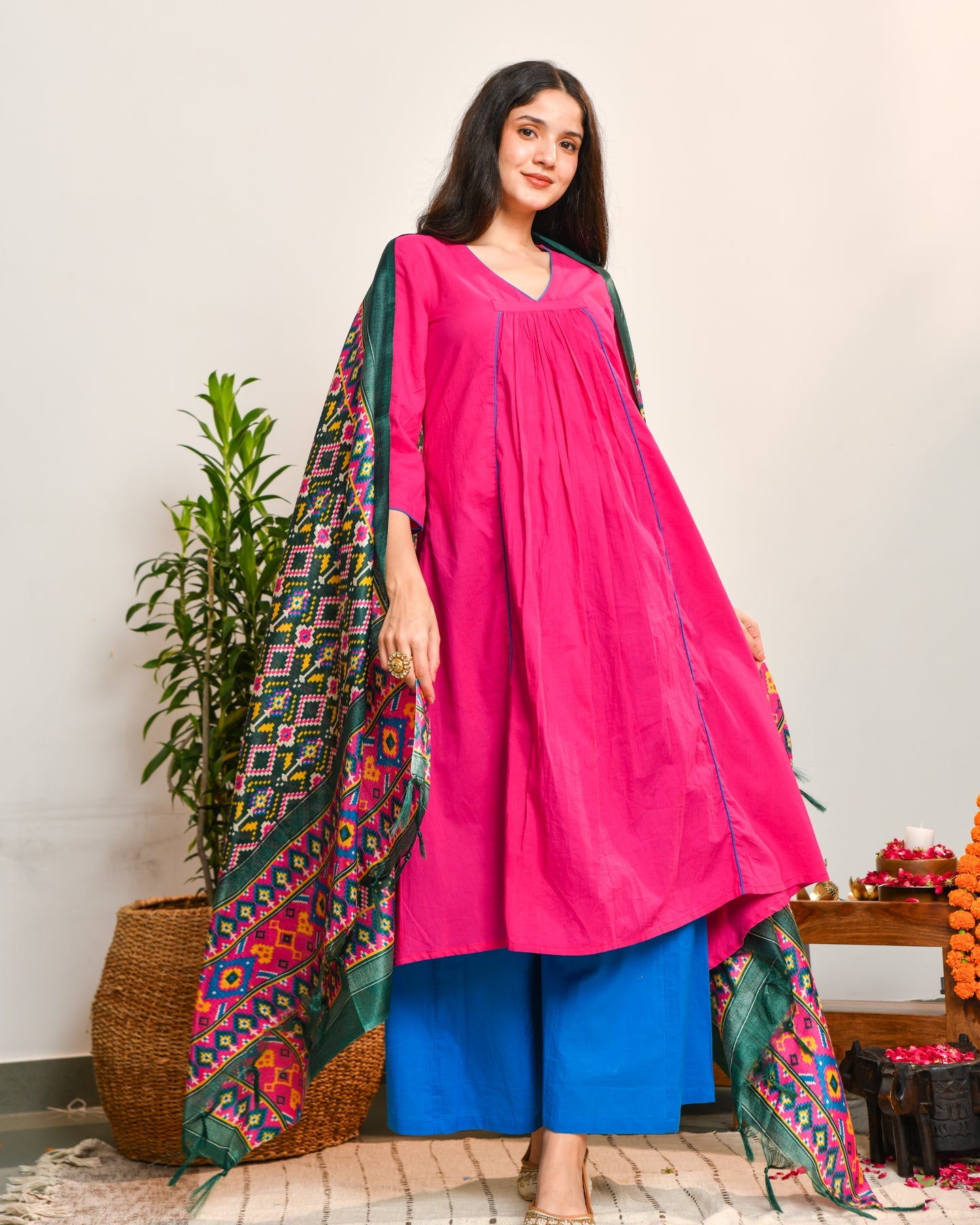 Pink Blue Color Block Suit Set