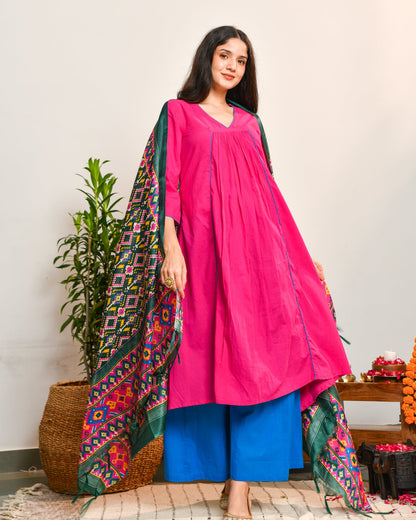 Pink Blue Color Block Suit Set