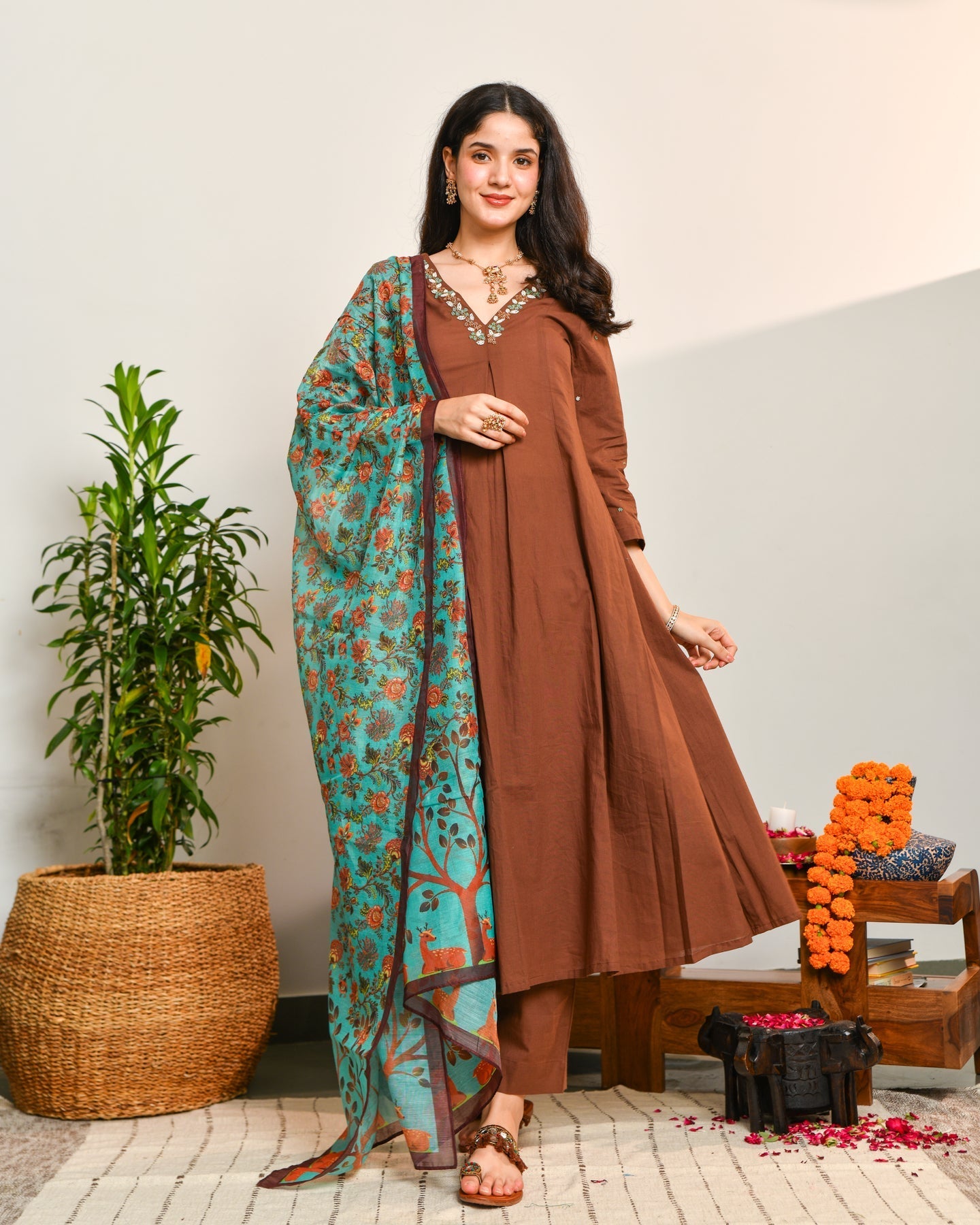 Brown a line cotton suit set
