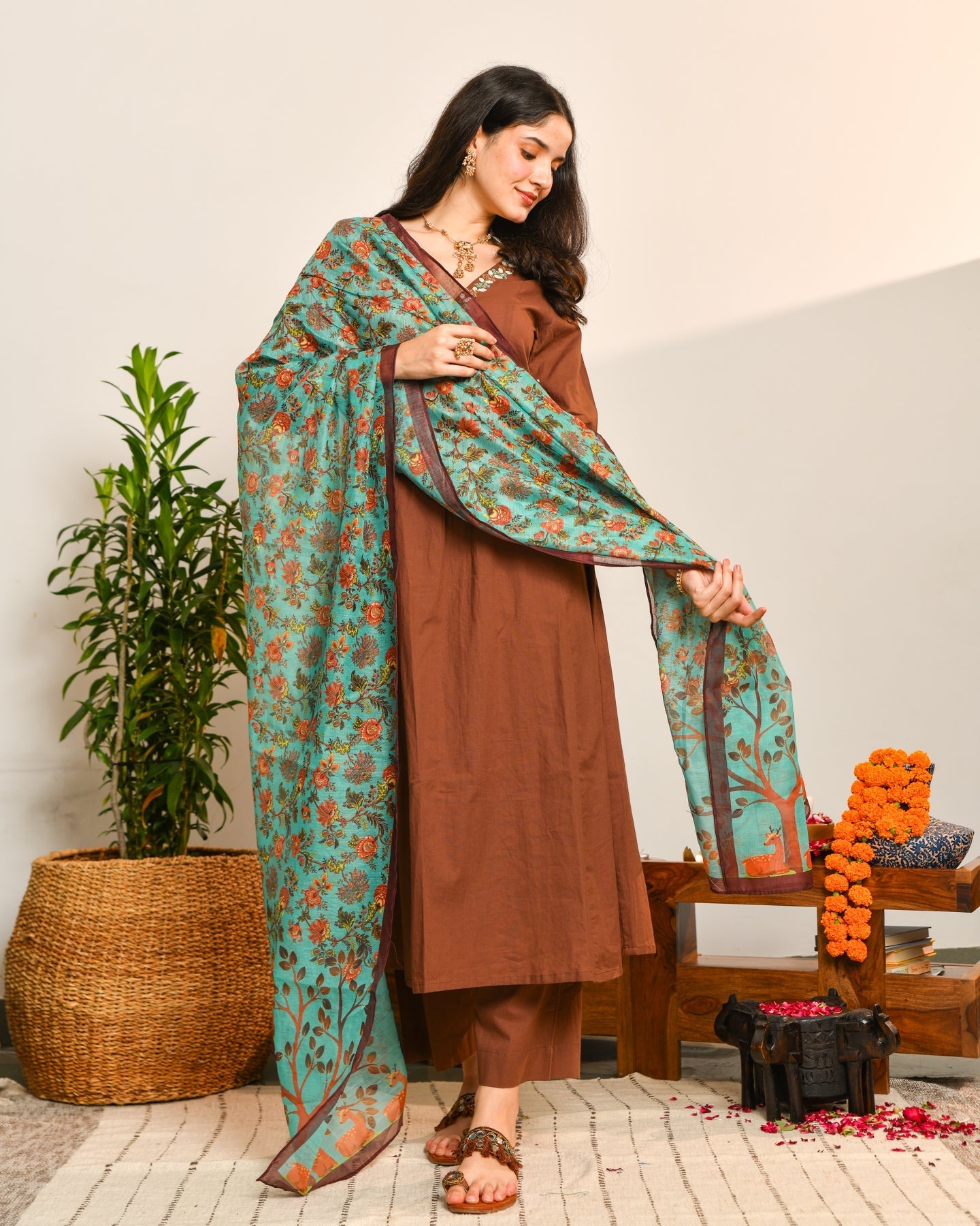 Brown a line cotton suit set