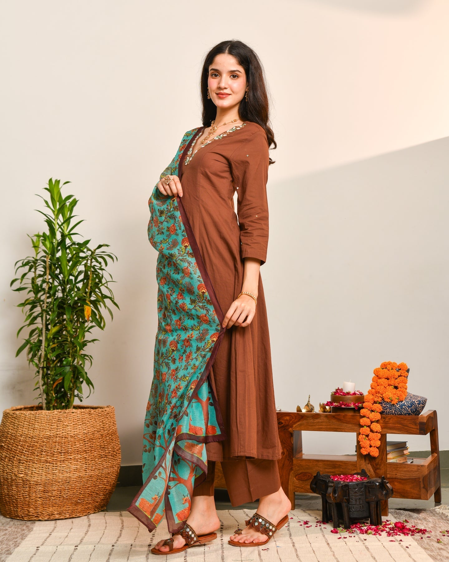 Brown a line cotton suit set