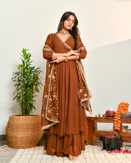 Brown Viscose Embroidered Suit Set