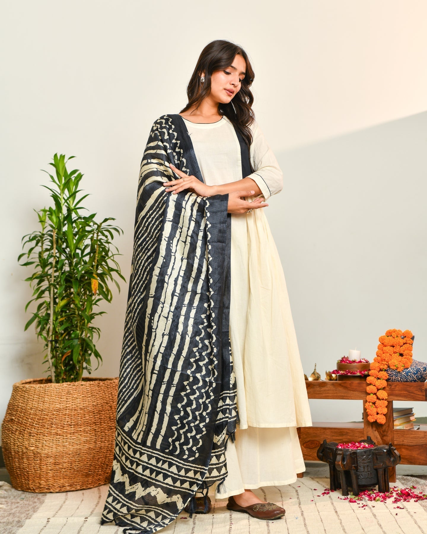 Ivory Black Ikat Dupatta Suit