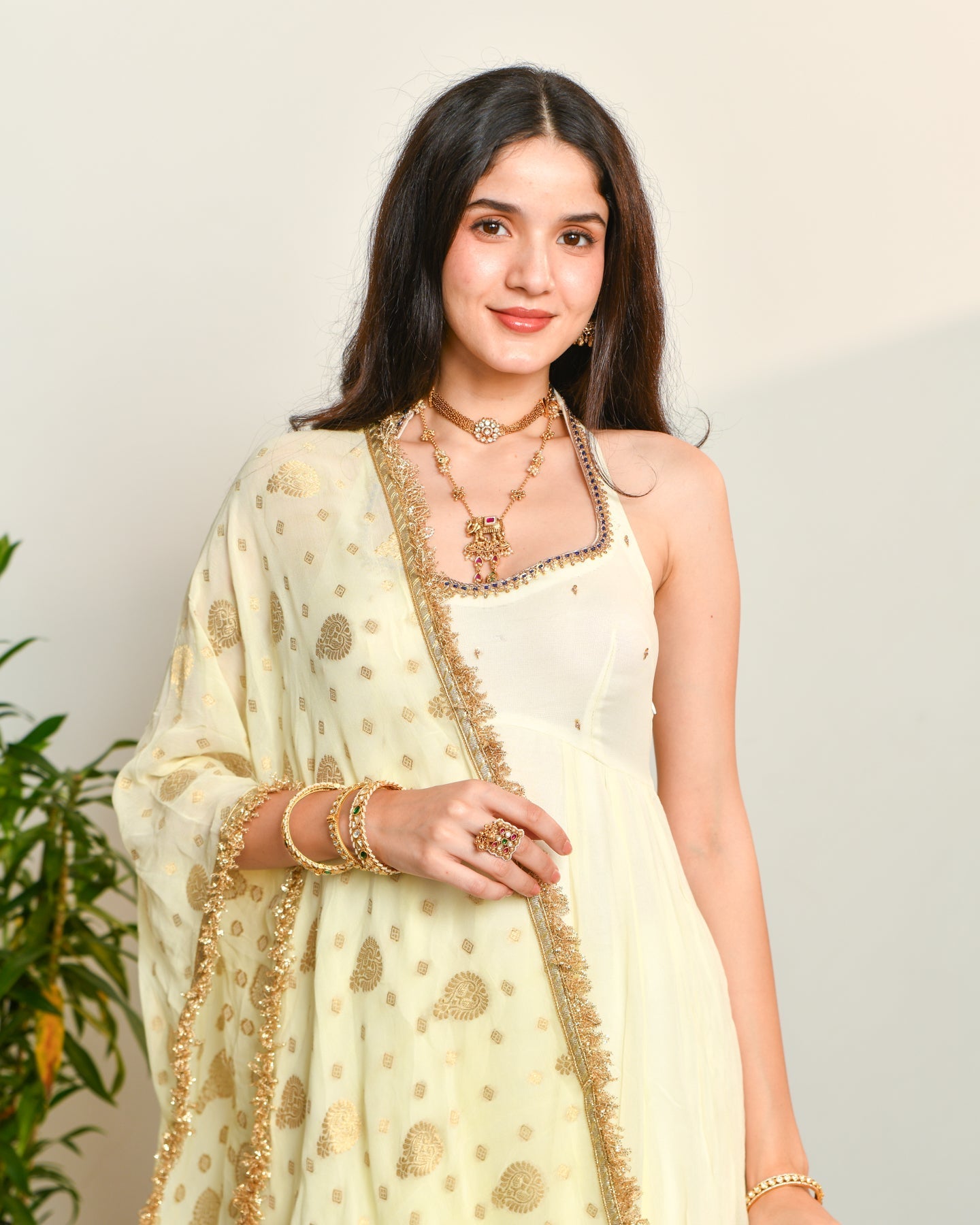 Off White Viscose Anarkali Suit Set