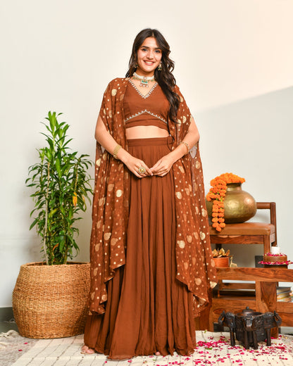 Brown Viscose Anarkali Lehenga Set