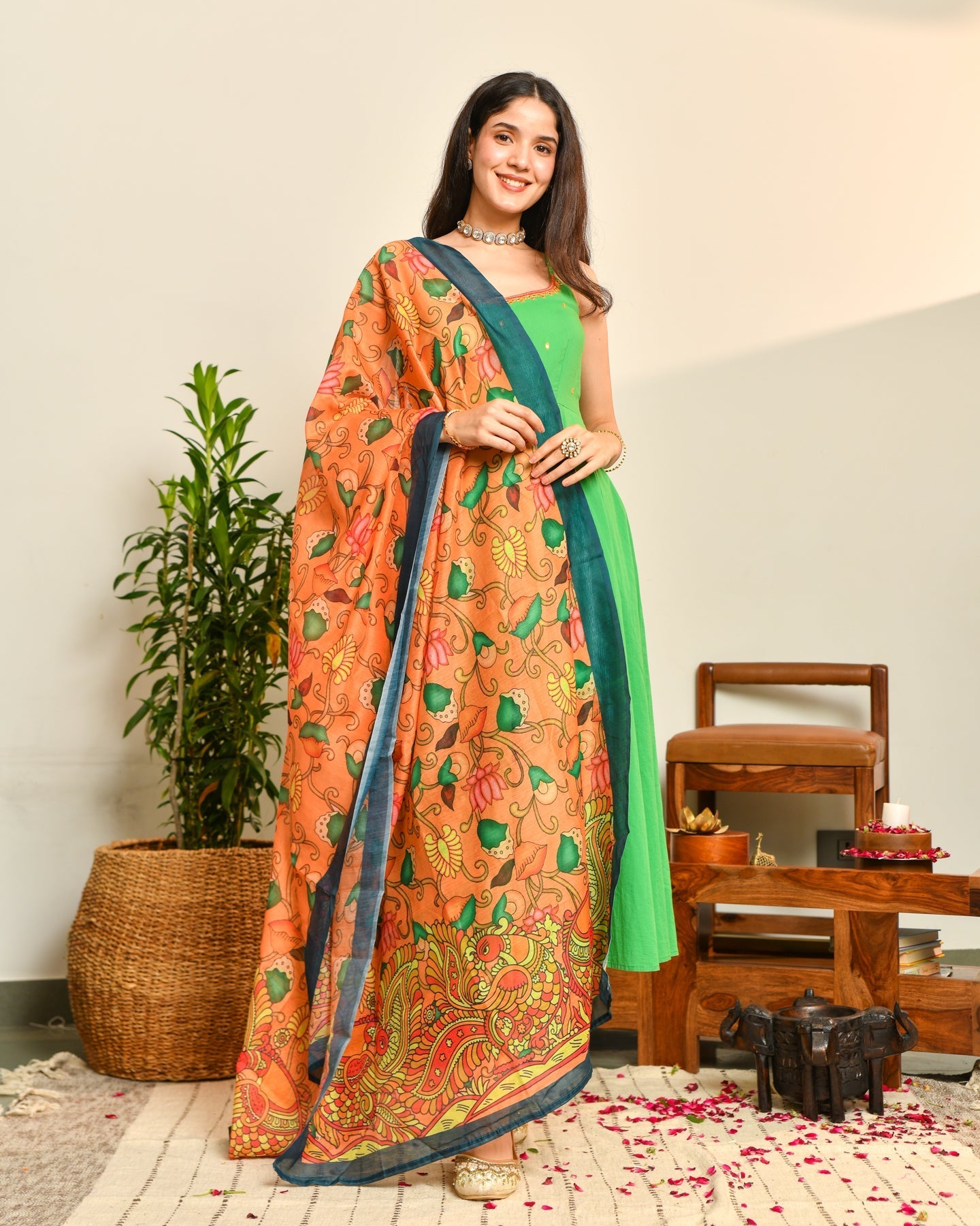 Green Cotton Anarkali Suit Set