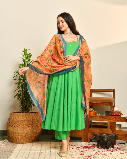 Green Cotton Anarkali Suit Set