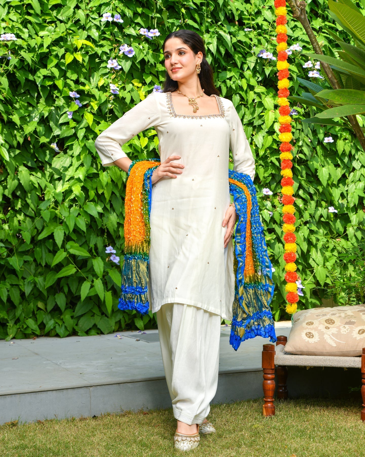 Off White Embroidered Rayon Suit Set