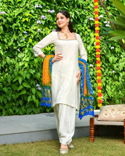 Off White Embroidered Rayon Suit Set
