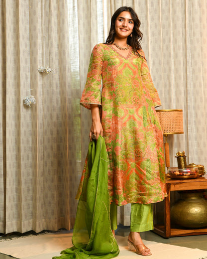 Green Abstract Print Tissue Suit