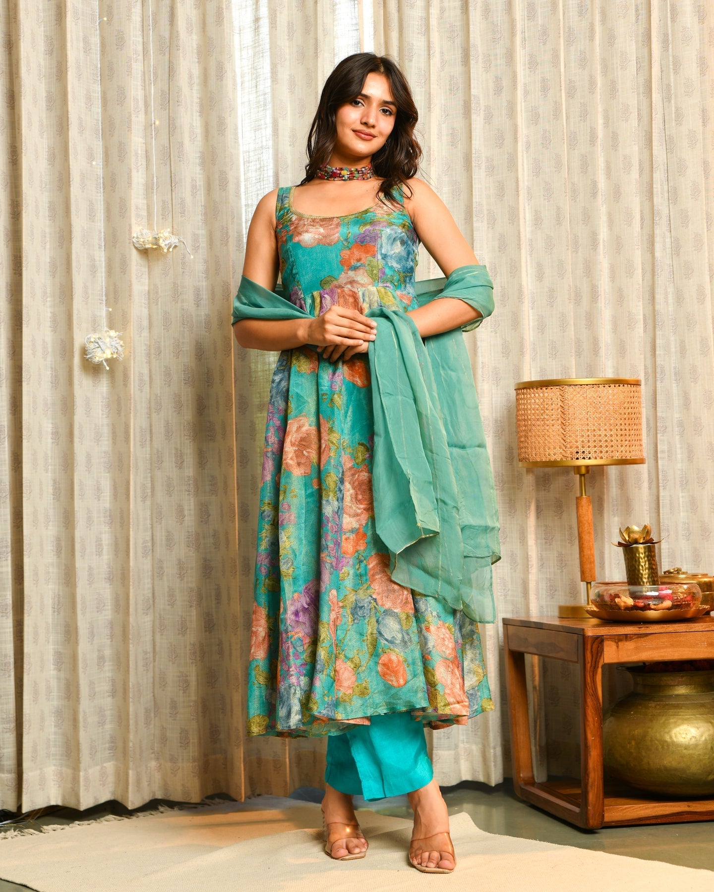 Vibrant Teal Floral Tissue Suit Set
