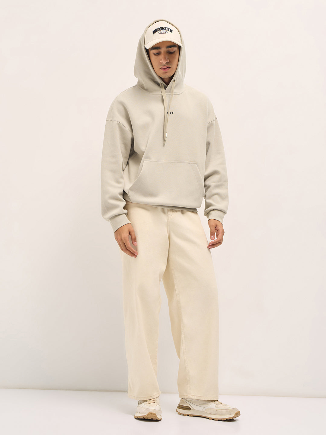 Beige Solid Relax Fit Hoodie with Kangaroo Pocket