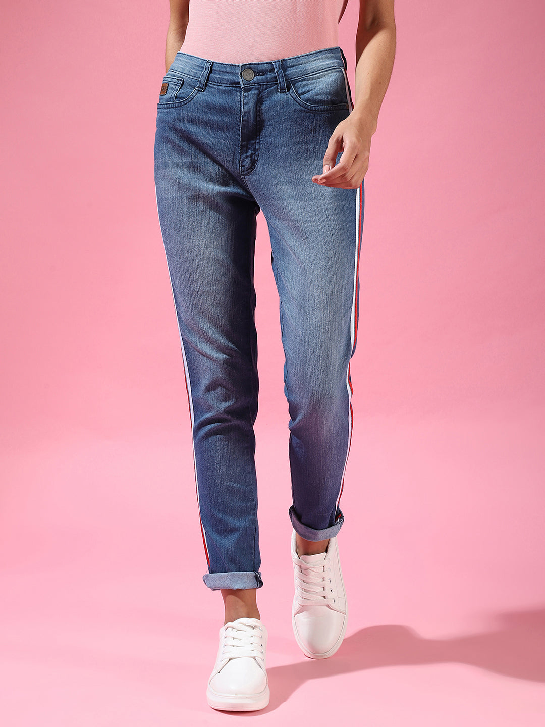 Contrast Pencil Side-Striped Denim Jeans