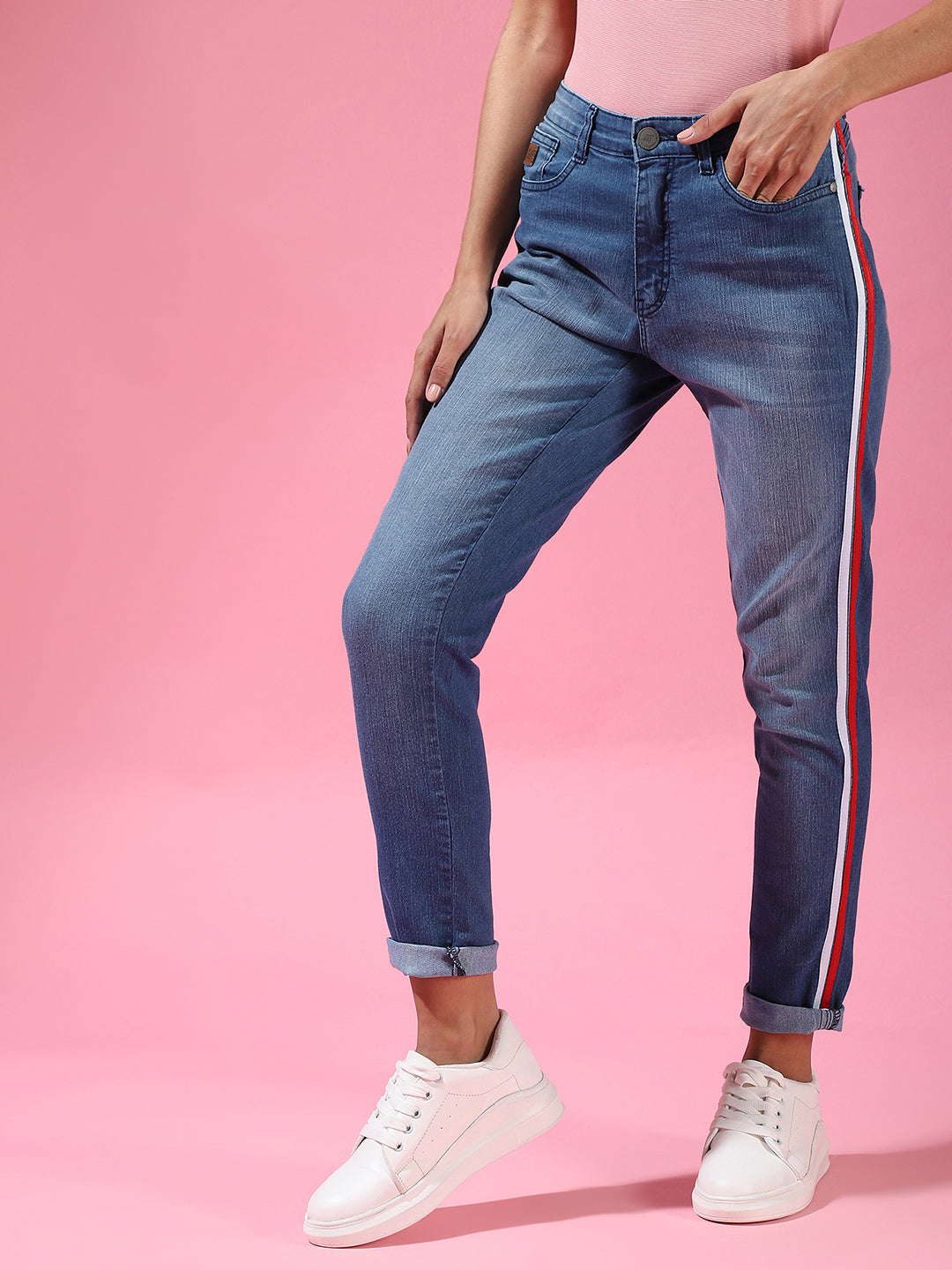 Contrast Pencil Side-Striped Denim Jeans