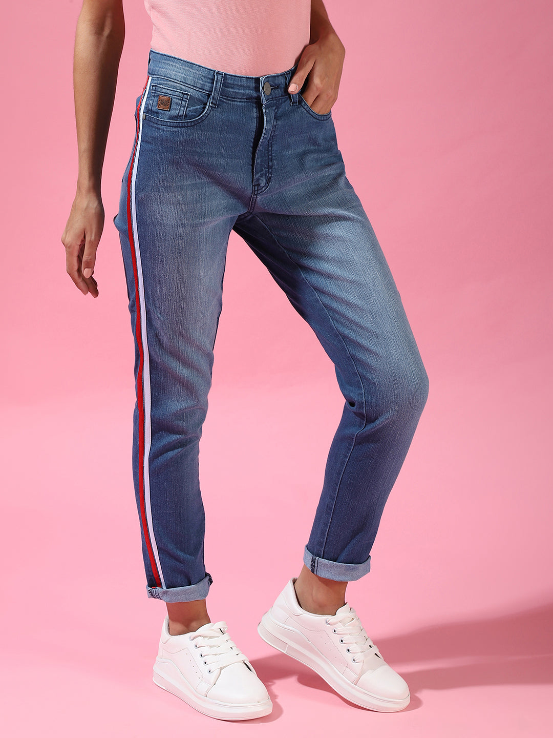 Contrast Pencil Side-Striped Denim Jeans